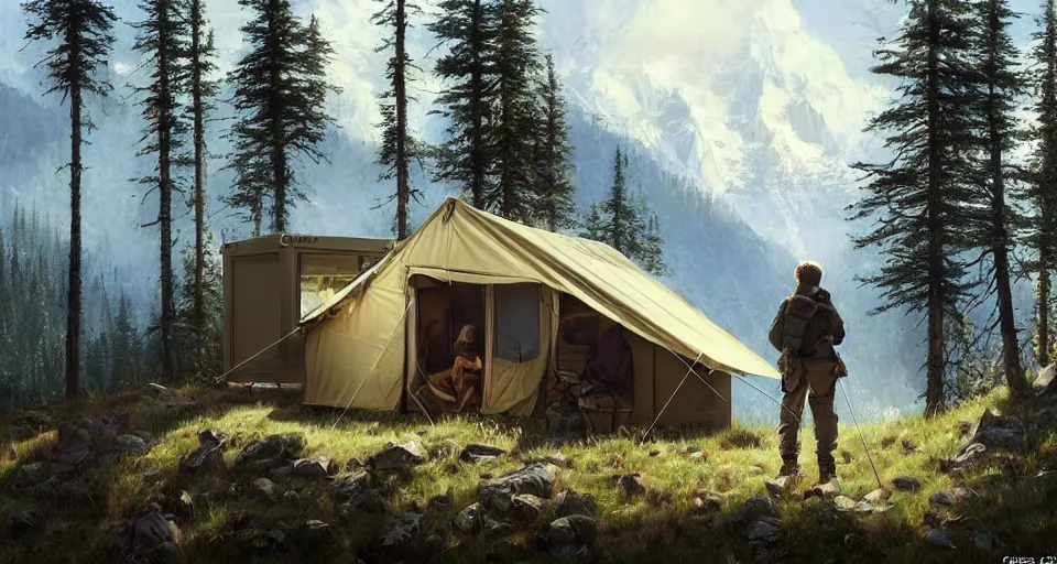 Image similar to cabela's beautiful comfortable carbon framed, military grade, modular insulated wall portable container home kit - house all weather family dwelling tent house, person in foreground, mountainous forested wilderness open fields, beautiful views, painterly concept art, environmental concept art, concept art illustration, by james gurney, by craig mullins, by greg rutkowski trending on artstation