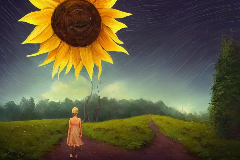 Prompt: giant sunflower as a face, girl walking between old trees, hills, surreal photography, dark night, star trails, dramatic light, impressionist painting, clouds, digital painting, artstation, simon stalenhag