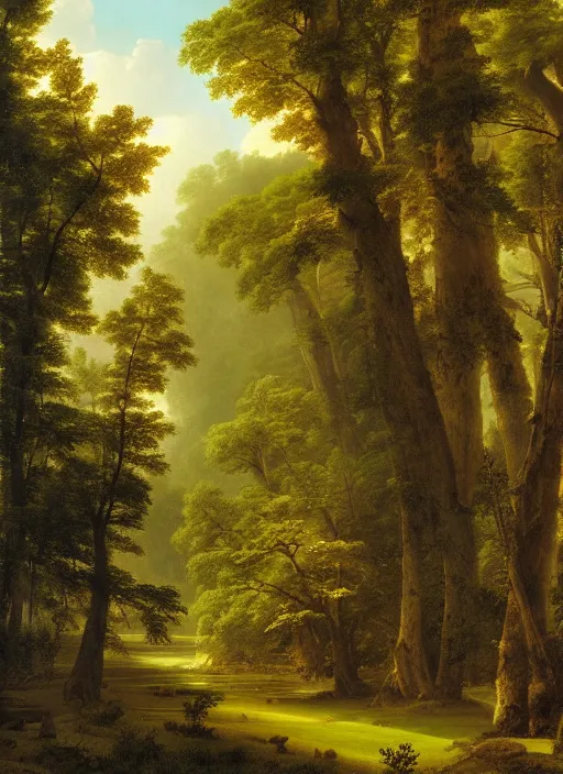 Image similar to a meadow clearing with extremely thin tall trees, spirit of the forest dwells, magically dense, calm serene atmosphere, by asher brown durand, by yoshitaka amano