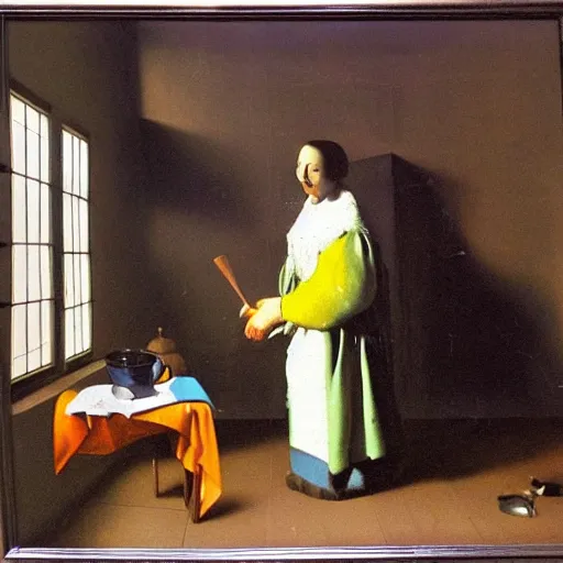 Image similar to Oil painting The Ghost of Vermeer of Delft Which Can Be Used As a Table by Salvador Dali