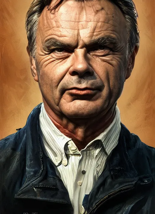 Image similar to portrait of Sam Neill from In The Mouth of Madness (1994), highly detailed, centered, solid color background, digital painting, artstation, concept art, smooth, sharp focus, illustration, Basil Gogos, Joseph Christian Leyendecker, Les Edwards, Ed Repka, WLOP, Artgerm