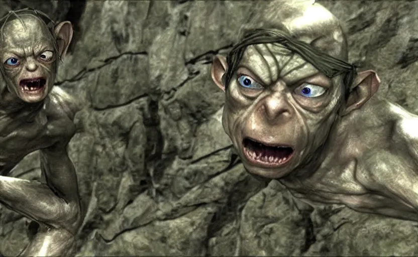 Image similar to a screenshot of gollum as solid snake in metal gear solid 1,