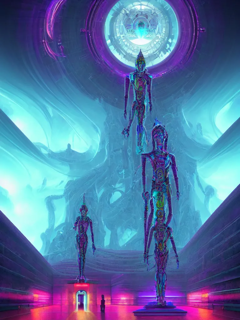 Image similar to entrance to ethereal realm, cybergod vishnu, rendered in unreal engine, central composition, symmetrical composition, dreamy colorful cyberpunk colors, 6 point perspective, fantasy landscape with anthropomorphic!!! terrain!!! in the styles of igor morski, jim warren and rob gonsalves, intricate, hyperrealistic, volumetric lighting, neon ambiance, distinct horizon