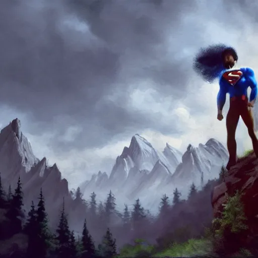 Prompt: a closeup photorealistic photograph of bob ross working on a canvas painting of superman. film still. brightly lit scene. mountains and trees. this 4 k hd image is trending on artstation, featured on behance, well - rendered, extra crisp, features intricate detail, epic composition and the style of unreal engine.