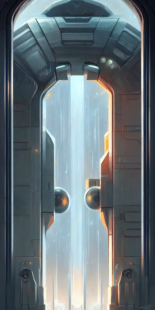 Image similar to hyper realistic art - deco sci - fi double door by jordan grimmer, darek zabrocki