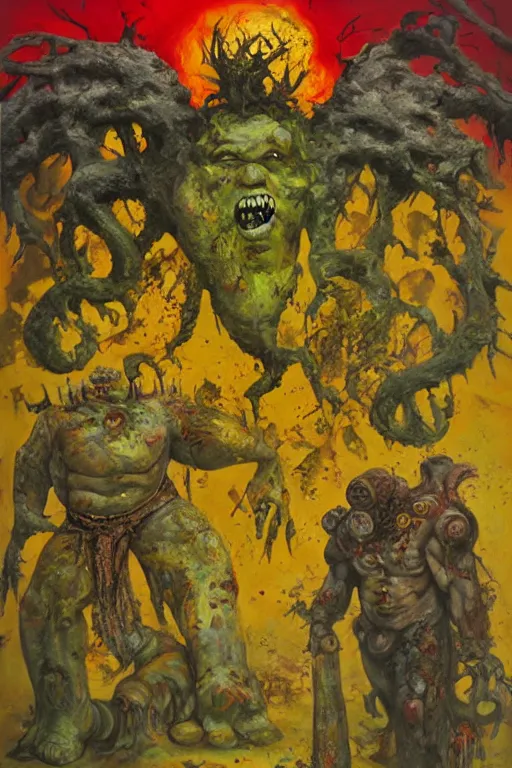 Image similar to surreal a hulking herculeanjohn candy as nurgle the unclean in a post apocalyptic hellscape, esoteric symbolism, intense emotional power, red yellow black, palette knife oil painting by peter booth and william blake