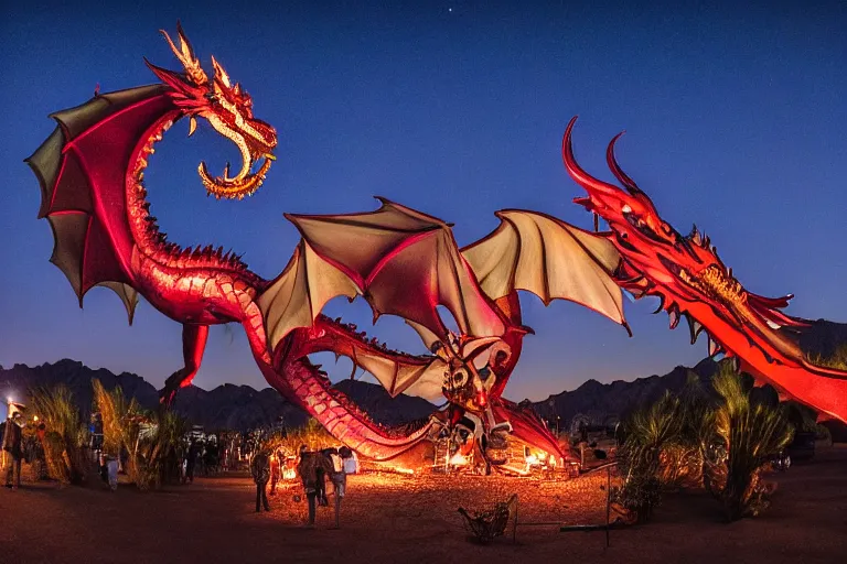 Image similar to firebreathing dragon statue at a festival in the desert at night, wide angle, F 1.4