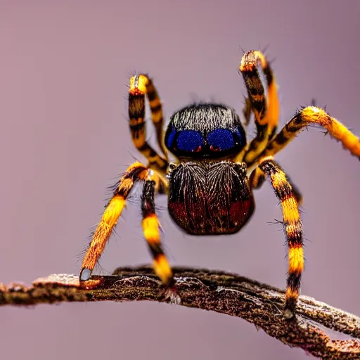 Prompt: a colorful spider hanging on its web. nature photography. macrophotography. NIKON D800E + 105mm f/2.8 @ 105mm, ISO 400, 1/1000, f/3.5