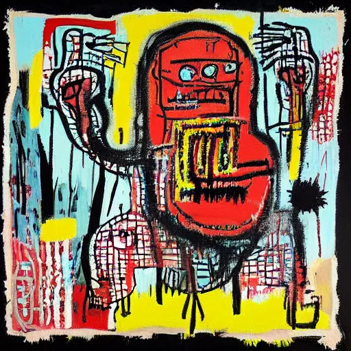 Image similar to “berries, diamonds, pigs, weeds, bagels, Acrylic, spray paint and oilstick on canvas, by Jean-Michel Basquiat”