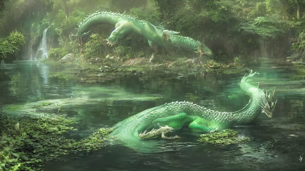 Image similar to in a peaceful pond with a clear water, there is a majestic ancient dragon with intricate green scale who peacefully sleep, dynamic lighting, cinematic lighting, lit by morning light, by krenz cushart and artgerm, unreal engine, featured on artstation