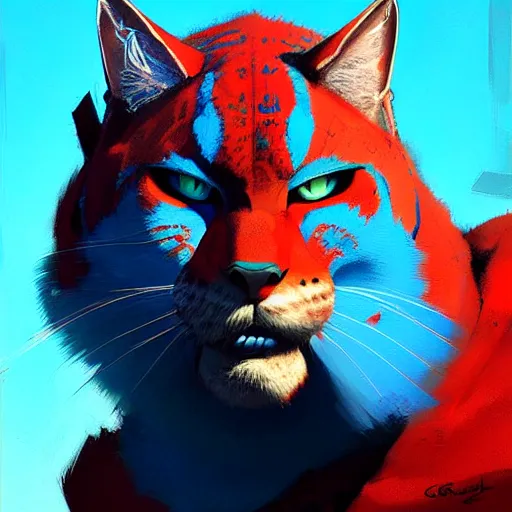 Image similar to big blue cat with red sable. turqoise background. painting by eddie mendoza, greg rutkowski