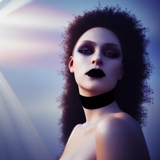 Image similar to photographic portrait of a stunningly beautiful gothic female with choker in soft dreamy light at sunset, god rays, contemporary fashion shoot, by edward robert hughes, annie leibovitz and steve mccurry, david lazar, jimmy nelsson, breathtaking, 8 k resolution, extremely detailed, beautiful, establishing shot, artistic, hyperrealistic, beautiful face, octane render