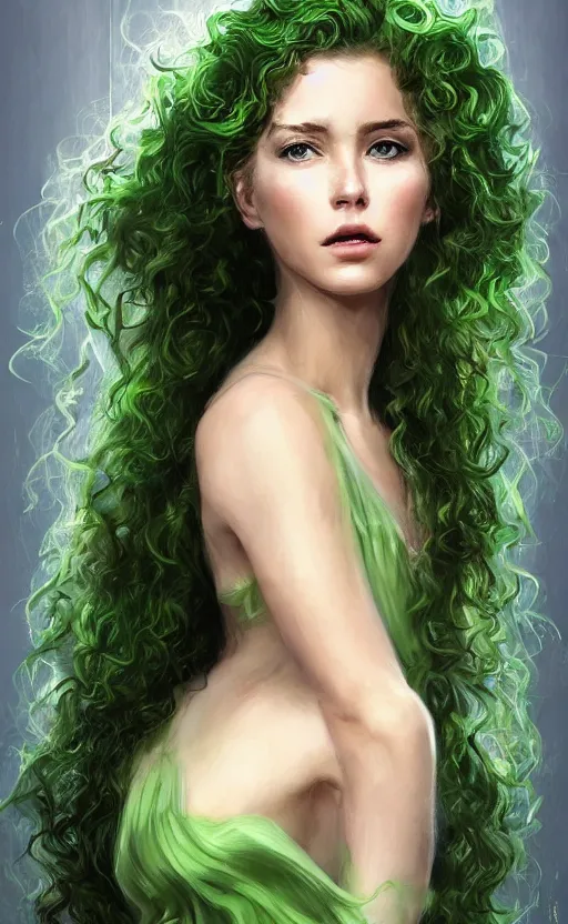 Image similar to a young woman with wild, curly hair and bright green eyes. she's wearing a flowing dress made of light, airy fabric and she has a mischievous look on her face, dynamic lighting, photorealistic fantasy concept art, trending on art station, stunning visuals, creative, cinematic, ultra detailed