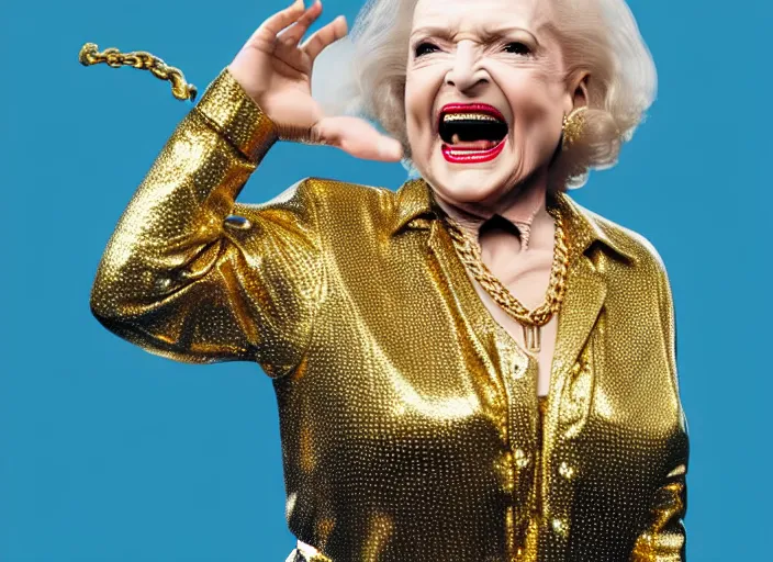 Image similar to publicity photo still of betty white as a gangsta rapper covered in gold chains, with grills in teeth and wearing a jumpsuit live on stage, 8 k, live concert lighting, mid shot