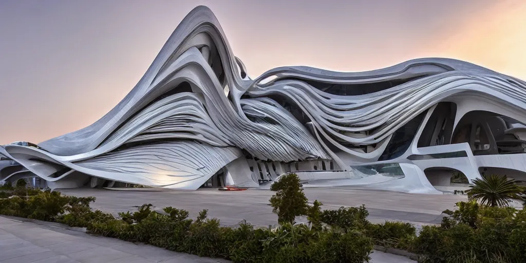 Prompt: extremely detailed ornate stunning beautiful elegant futuristic museum exterior by Zaha Hadid, stunning volumetric light, sunset