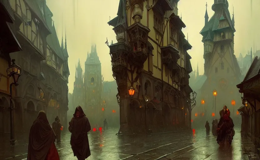 Image similar to an old medieval city with rainy atmosphere and moody and cinematic lighting by alphonse mucha, simon stalenhag and darek zabrocki, cinematic and atmospheric, concept art, artstation, trending on artstation