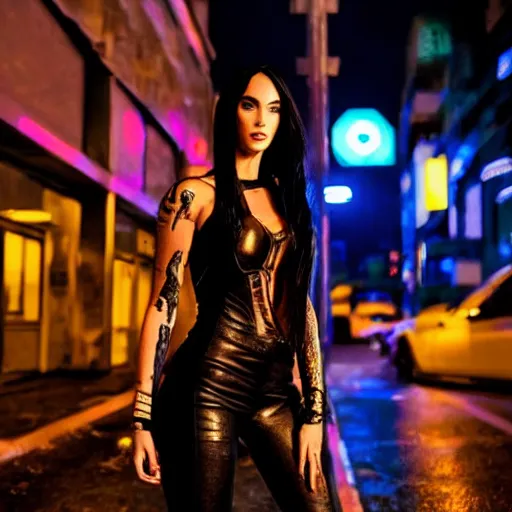 Prompt: cyberpunk megan fox, standing on a cyberpunk street at night, streets are lit with neon lights