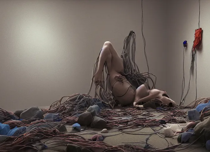 Image similar to rgb, woman, bedroom full of rocks, cinematic, movie scene, inspired by zdzislaw beksinski, clothes made out of veins,, cables everywhere, bedroom, ultra realistic, concept art, intricate details, highly detailed, photorealistic, octane render, 8 k
