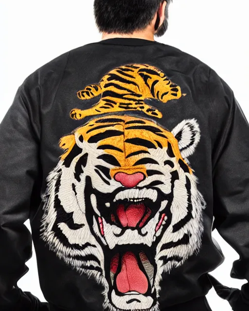 Image similar to photo back of a man wearing baseball jacket with a big tiger embrodery, irezumi, dark hangar background, centered, studio lighting, 1 5 0 mm