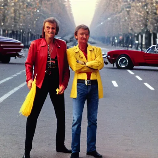 Prompt: johnny halliday as french president, with a red mustang car and a yellow guitar on the champs elysees