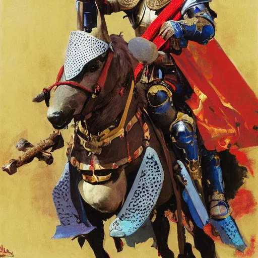 Prompt: mel gibson as rider with couched jousting lance, medieval helmet, colorful caparisons, chainmail, detailed by greg manchess, craig mullins, bernie fuchs, walter everett