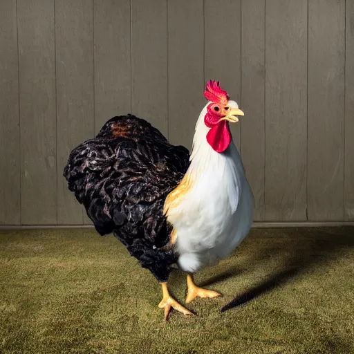 Image similar to a high quality photo of a chicken wearing a suit, 8k, Greg Rutkowsky