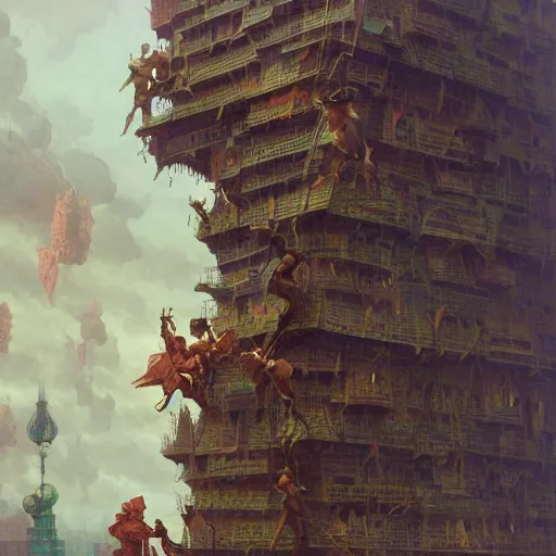 Image similar to hundreds of humans climbing on each other creating incredible surrealistic towers, highly detailed, digital painting, matte, sharp focus, art by wlop, greg rutkowski, alphonse mucha, frank frzetta, boris vallejo, bouguereau, beksinski, cinematic, octane render