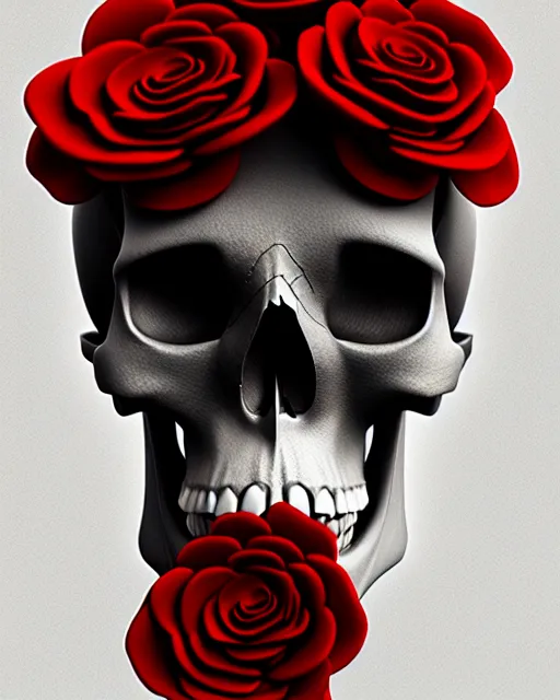 Image similar to detailed 3 d cycles render of a skull skeleton with red roses growing out of ribcage darkly elegant digital skull art by billelis and beeple