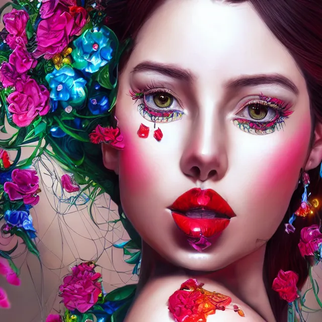 Image similar to studio portrait absurdly beautiful, elegant, lovely, young hypercolorful sensual latina idol rubies red petals gems, ultrafine hyperrealistic detailed face illustration by kim jung gi, irakli nadar, intricate linework, sharp focus, bright colors, matte, octopath traveler, final fantasy, unreal engine highly rendered, global illumination, radiant light, intricate rainbow environment