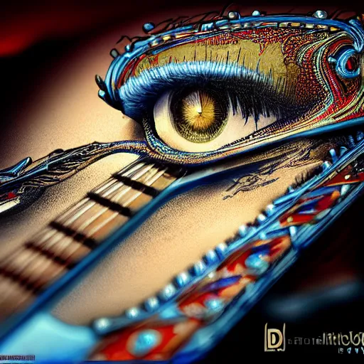 Image similar to eyes, electric guitar, extremely Highly detailed, Occult, funny, entertaining, magical, trending on artstationHQ, closeup, D&D, intricate, elegant, highly detailed, digital painting, artstation, concept art, matte, sharp focus, illustration, concept art