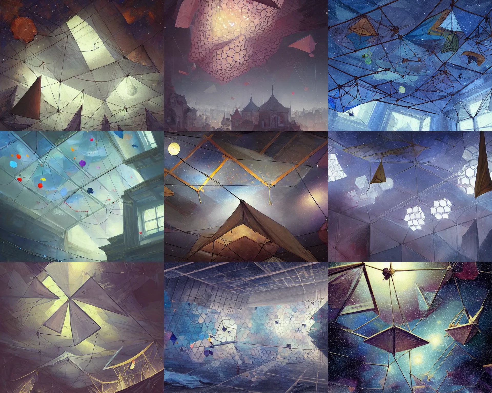 Prompt: tarps hanging from the ceiling making art and hexagons in space being caught with large walls coming from the ground in a museum, puddles, crescents, arrows, painters, origami, spires, light dust, magnificent, close up, details, sharp focus, elegant, highly detailed, illustration, by Jordan Grimmer and greg rutkowski and PiNe(パイネ) and 薯子Imoko and 香川悠作 and wlop and maya takamura, intricate, beautiful, Trending artstation, pixiv, digital Art