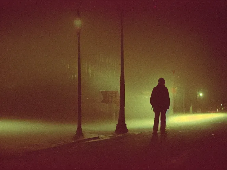 Image similar to fujifilm fujicolour 2 0 0 film photograph of a vagrant at night volumetric fog