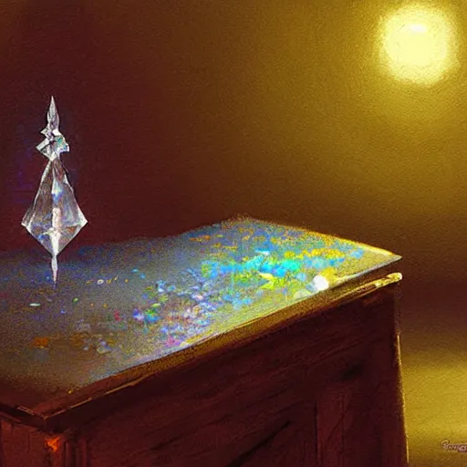 Prompt: magical crystal on a desk, painting, by greg rutkowski