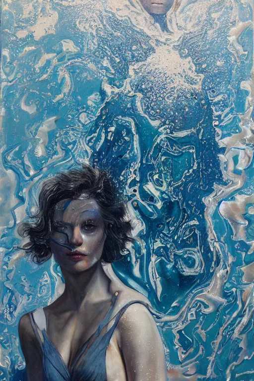 Prompt: hyperrealism oil painting, close-up, group face portrait, fashion model and melting cyborg, ocean pattern mixed with star sky in front, in style of classicism mixed with 70s sci-fi book art