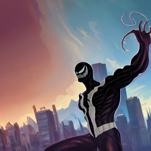 Image similar to we are venom, marvel supervillain, artstation, cartoon, elegant, highly detailed, digital painting, concept art, smooth, sharp focus, illustration, art by ghibli, makoto shinkai, don bluth, fujita goro, jean giraud, atey ghailan, akihiko yoshida, tom whalen, fadeev 8 k