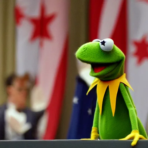 Image similar to Kermit the Frog being sworn in as President of the United States