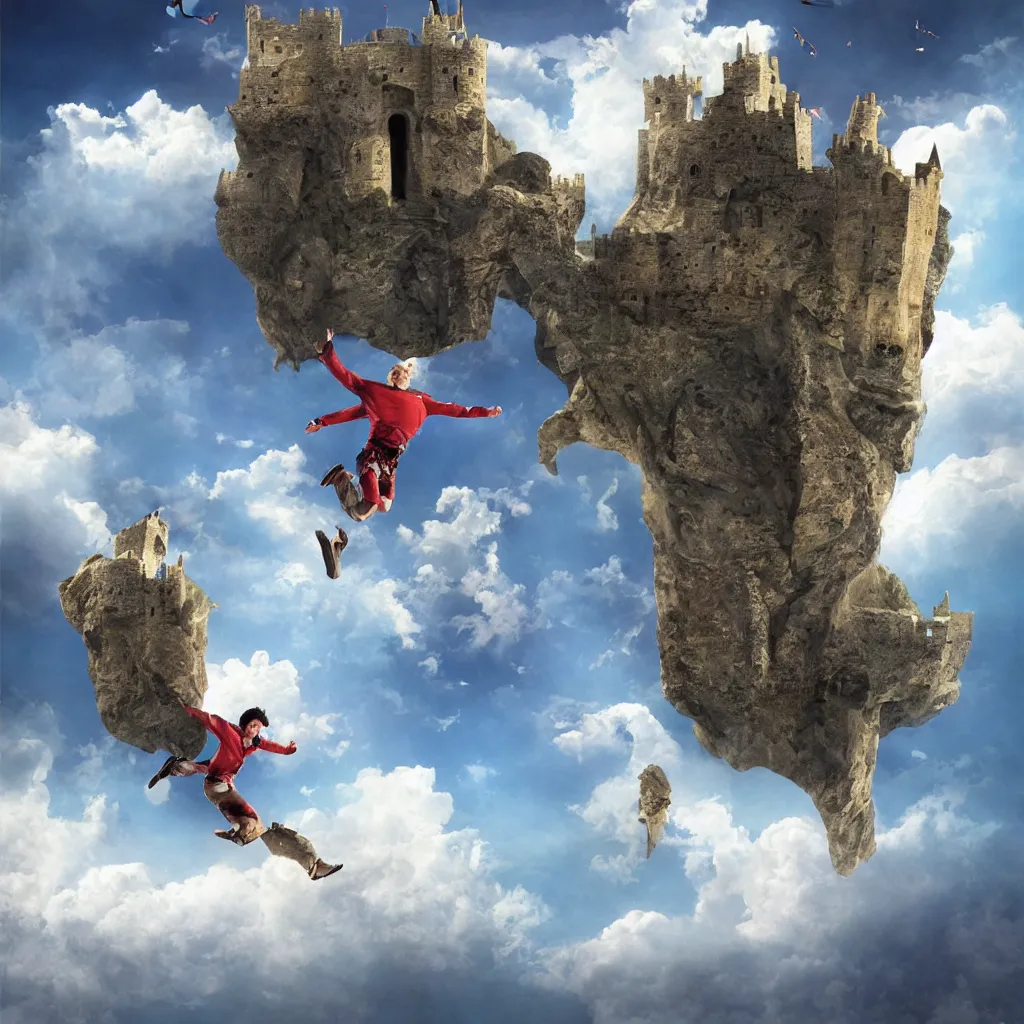 Image similar to full body of one man jumping from a castle in the air, digital art, 3 d