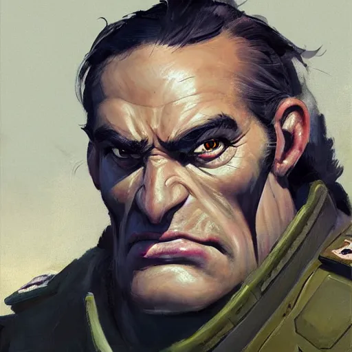 Prompt: greg manchess close - up portrait painting of a ruggedly handsome, decorated dieselpunk orc general in dress uniform with olive green skin as an overwatch character, medium shot, asymmetrical, profile picture, organic painting, sunny day, matte painting, bold shapes, hard edges, street art, trending on artstation, by huang guangjian and gil elvgren and sachin teng