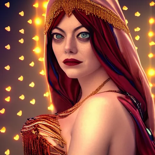 Image similar to a photorealistic portrait of actress emma stone dressed as a belly dancer, arabian night, volumetric lightening, octane render, high quality, fully detailed, 4 k, in focus sharp face with fine details, five human fingers, well structured hands, inspired by belly dancer on youtube, alphonse mucha, masterpiece, stunning