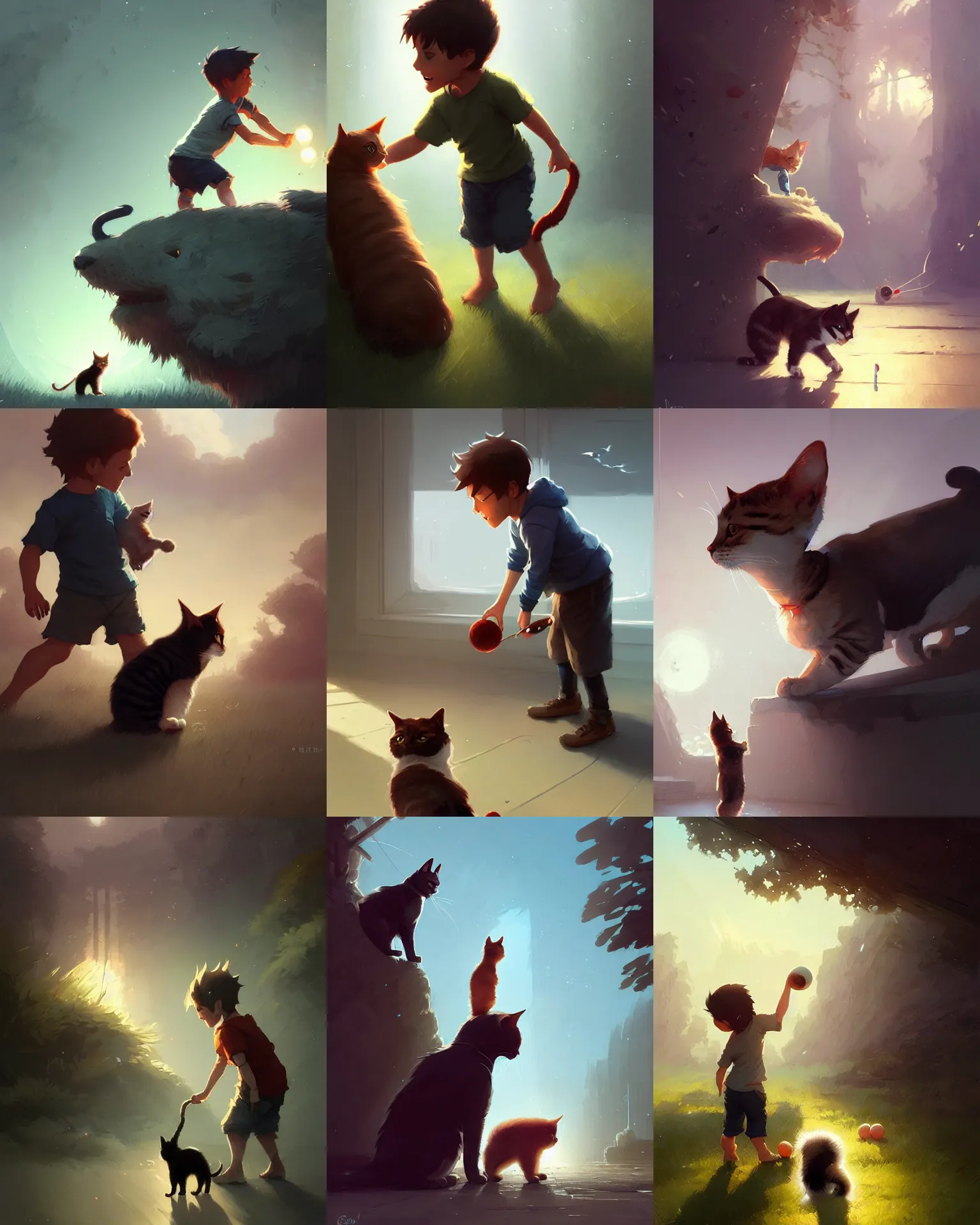 Prompt: A boy playing fetch with his cat, details, sharp focus, illustration, by Jordan Grimmer and greg rutkowski, Trending artstation, pixiv, digital Art