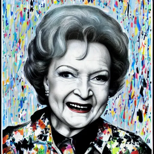 Image similar to betty white in the style of jackson pollock