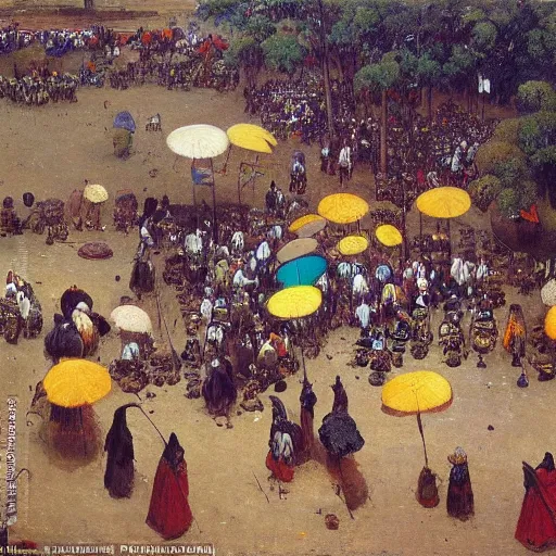 Image similar to dahomey officials with flat colorful umbrellas gather for the xwetanu in ahomey's huge main square, from above, 1905, highly detailed, oil on canvas, by ilya repin