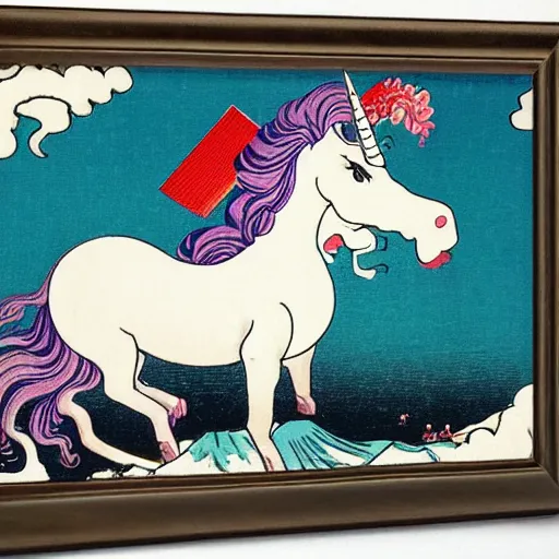 Image similar to A unicorn with rainbow color by Katsushika Hokusai