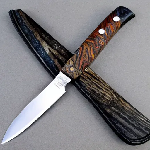 Image similar to mosaic damascus bowie knife detailed blackwood handle wide angle photograph