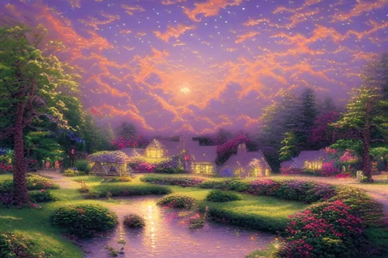 Prompt: a bed between the clouds and the stars, pastel sky, Beautiful accurate detailed painting by Thomas Kinkade