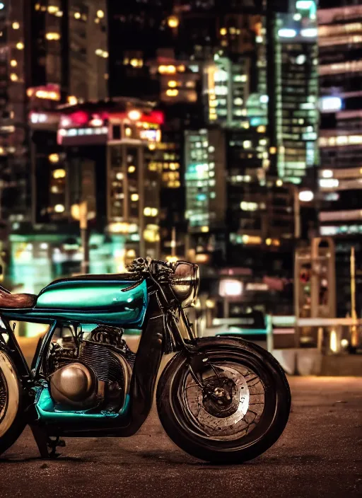 Prompt: a classic cafer racer motobike in the cyberpunk city at night