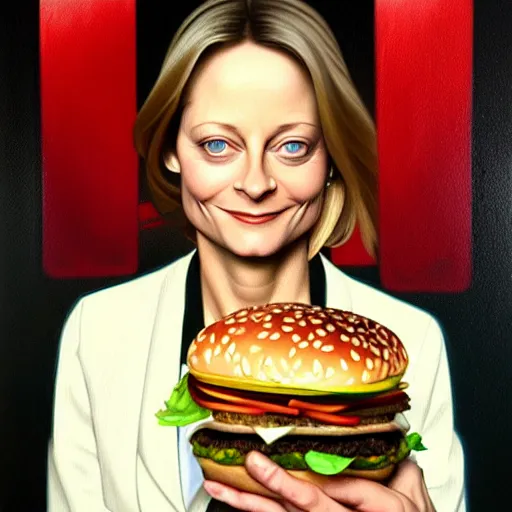 Prompt: oil painting of jodie foster with her big mac hamburgers, intricate, elegant, highly detailed, lighting, painting, artstation, smooth, illustration, art by greg rutowski and alphonse mucha