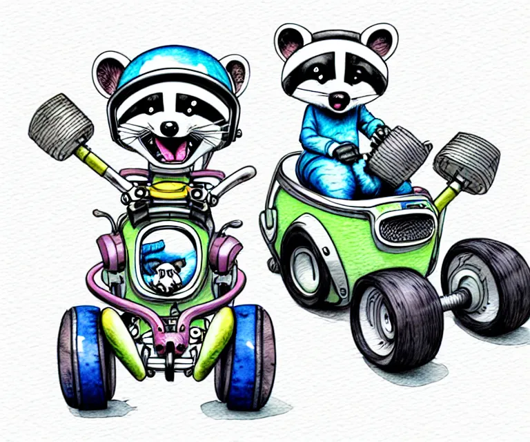 Prompt: cute and funny, racoon wearing a helmet riding in a tiny motorized wheelchair, ratfink style by ed roth, centered award winning watercolor pen illustration, isometric illustration by chihiro iwasaki, edited by range murata