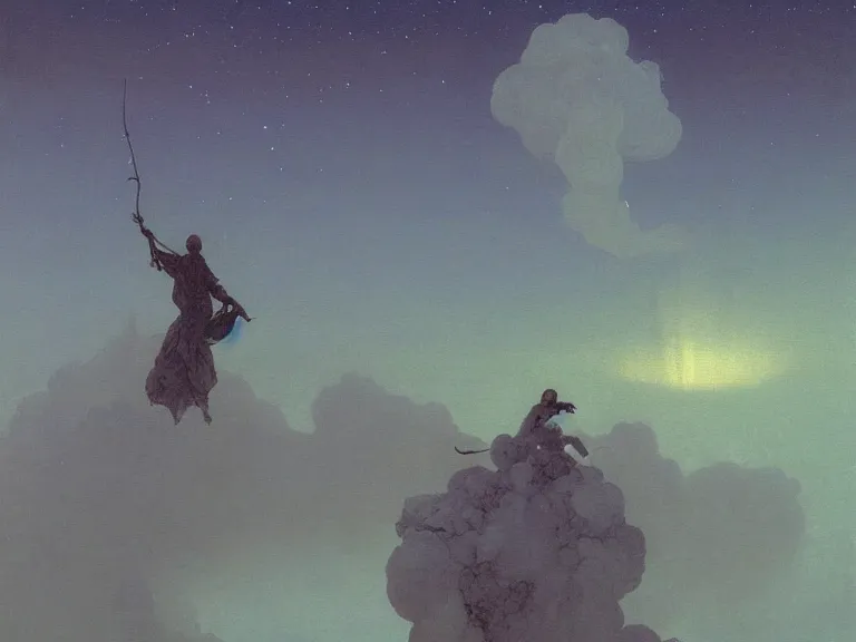 Image similar to a detailed profile oil painting of a men floating over a toiled in ther air, aurora lighting clouds and stars by beksinski carl spitzweg and tuomas korpi. baroque elements. baroque element. intricate artwork by moebius. Trending on artstation. 8k