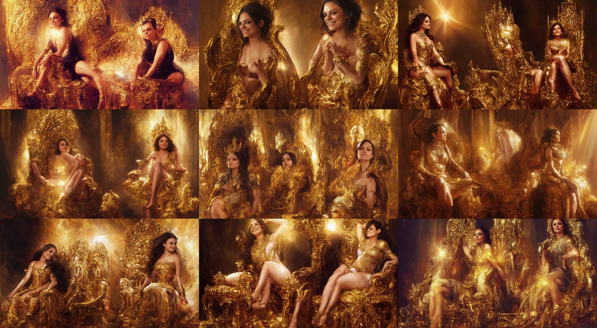 Prompt: portrait of queen mila kunis sitting on her throne laughing, intricate, gold glow, sun - rays, low angle, ilya kuvshinov, rossdraw, daniel f. gerhartz,